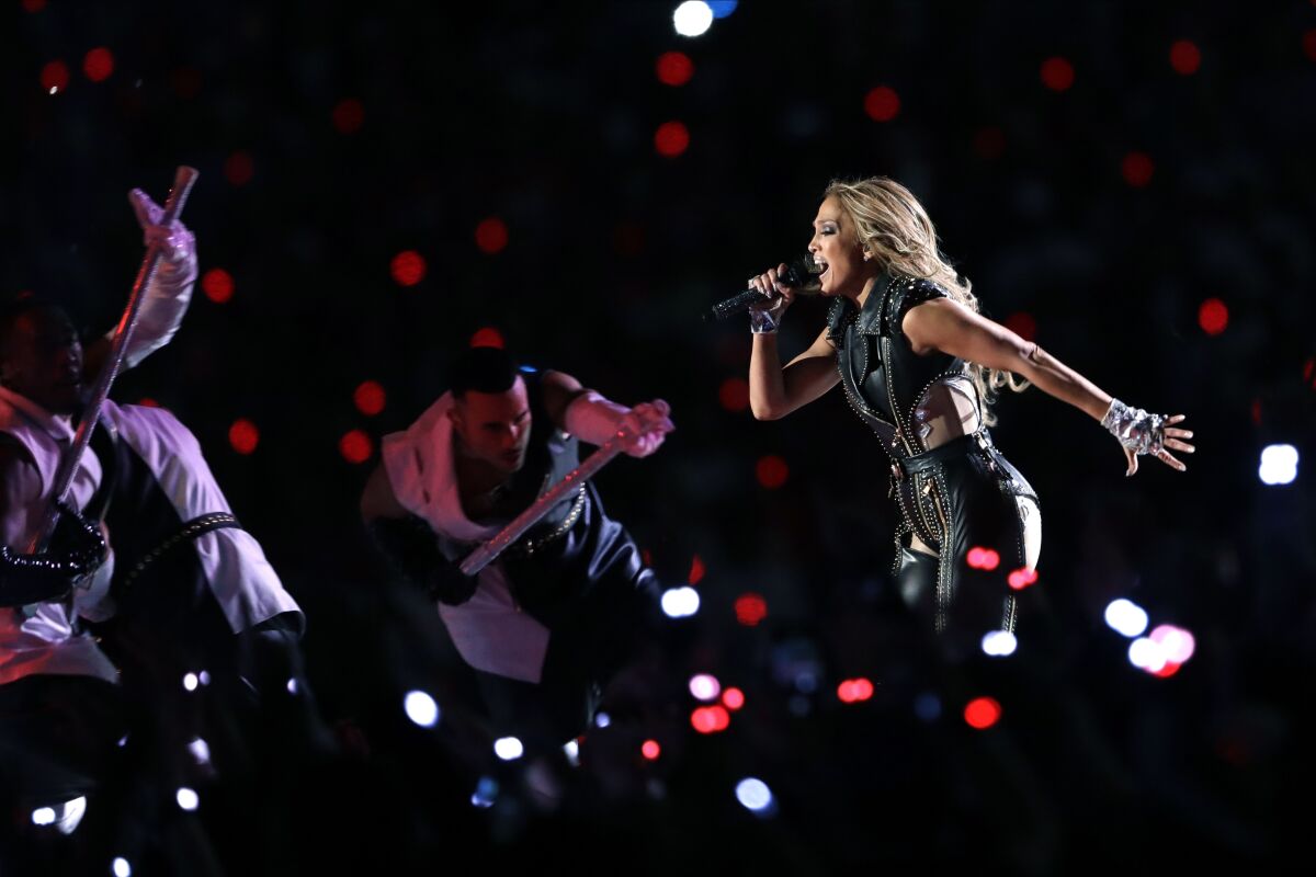 Jennifer Lopez performs during halftime of the NFL Super Bowl in 2020.