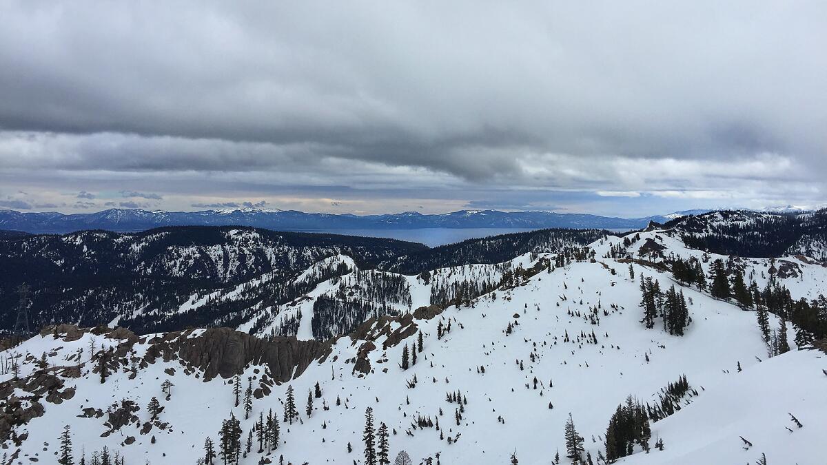 Lake Tahoe can be seen from the top of the tram at the Squaw Valley ski resort in March.