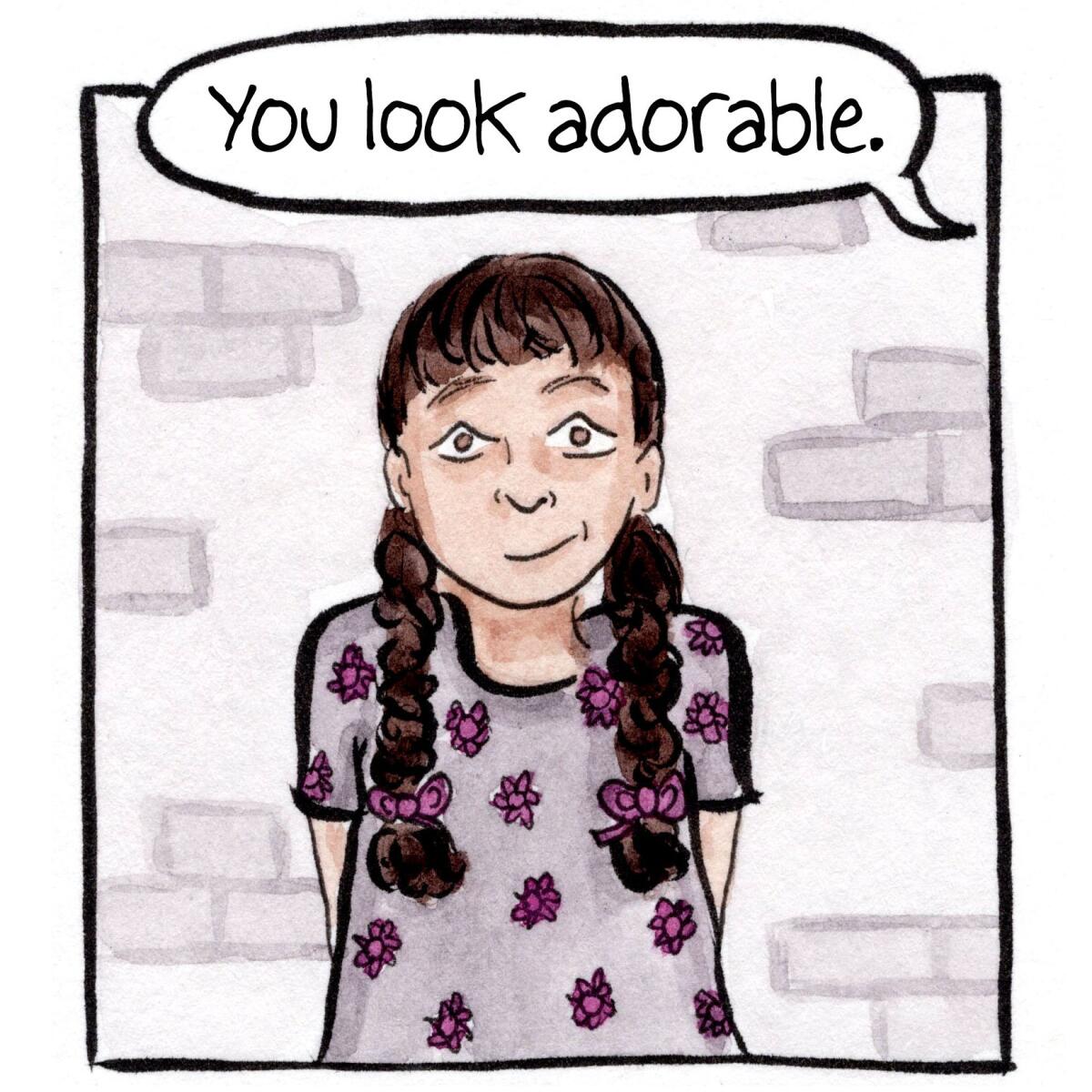 Someone says, "You look adorable!" to a child wearing a flower-print T-shirt and long braids.