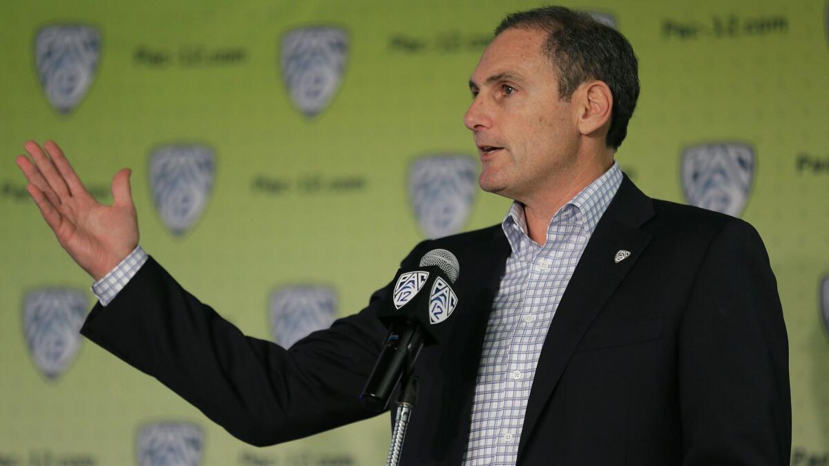 Pac-12 Commissioner Larry Scott at basketball media day Oct. 12 in San Francisco.