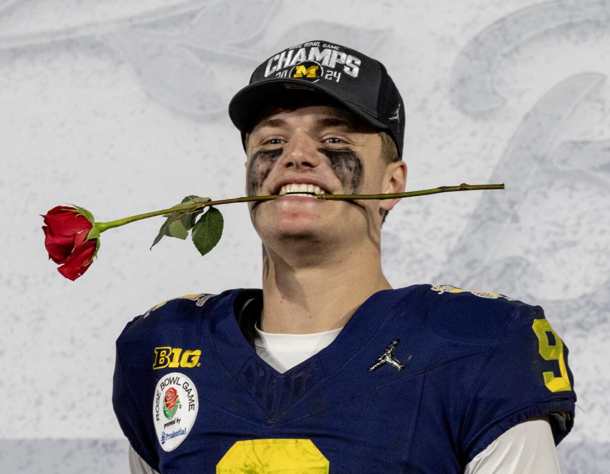 Michigan quarterback J.J. McCarthy celebrates after the Wolverines' victory over Alabama in the Rose Bowl.