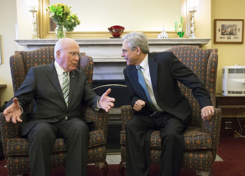 Sen. Patrick J. Leahy (D-Vt.), left, meets with Merrick Garland, President Obama's nominee to the Supreme Court.
