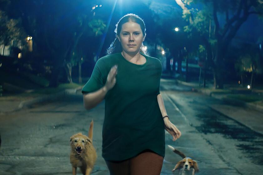 A woman runs down a street at night flanked by dogs.