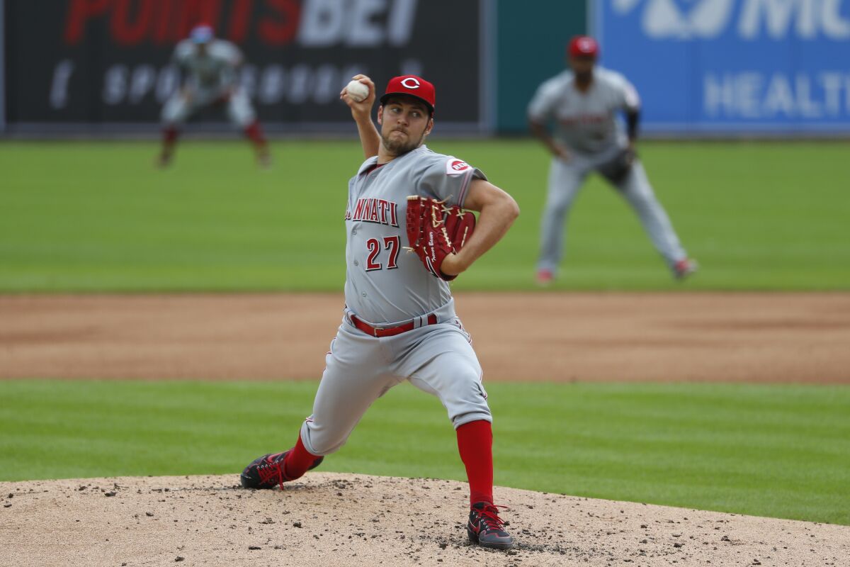 Cincinnati Reds pitcher Trevor Bauer throws to a Detroit Tigers batter during the first inning of the second baseball game of a doubleheader in Detroit, Sunday, Aug. 2, 2020. (AP Photo/Paul Sancya)