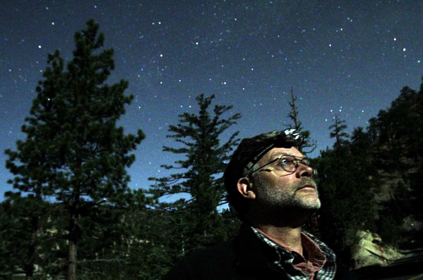 Lance Benner looks into the night sky in the Angeles National Forest in search of owls.