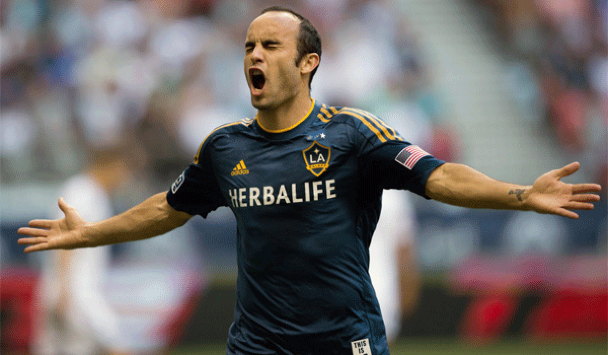 Landon Donovan, shown celebrating a goal against Vancouver back in August, needs one more goal to become the all-time MLS leading scorer.