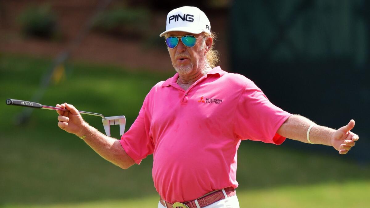 Miguel Angel Jimenez of Spain reacts on the 16th green during the third round of the Regions Tradition at Greystone Golf & Country Club.