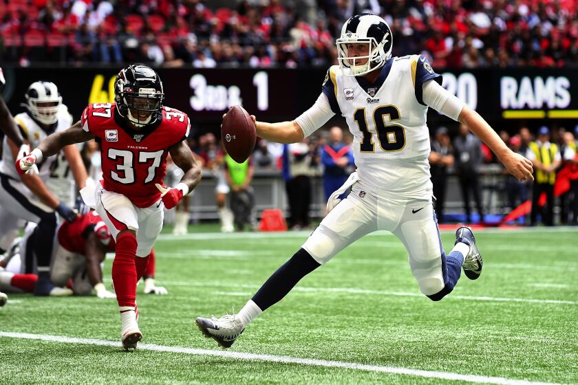 Wally Skalij  Los Angeles Times JARED GOFF scores a one-yard touchdown in front of Atlanta’s Ricardo Allen in the third quarter. Goff also passed for 268 yards and two touchdowns.