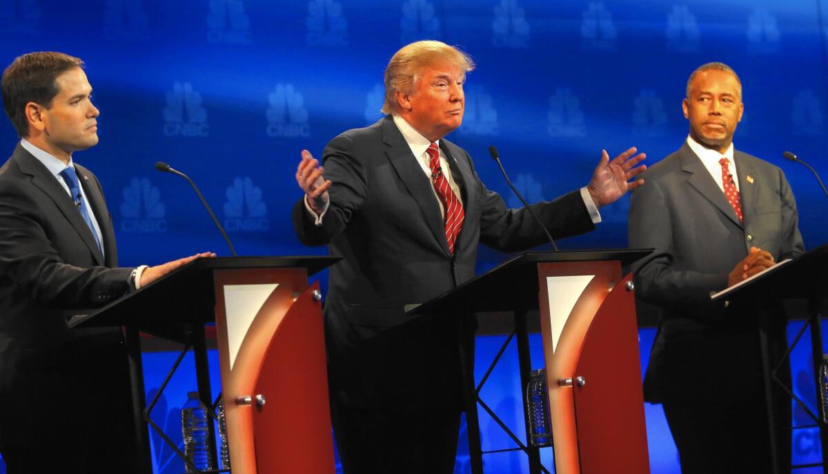 Republican candidates Marco Rubio, left, Donald Trump and Ben Carson at last month's debate. Carson has climbed slightly past Trump in polls, and Rubio has firmly planted himself in the second tier of candidates.