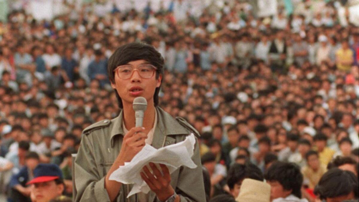 Student leader Wang Dan addresses a mass protest rally in Tiananmen Square in Beijing on May 27, 1989.