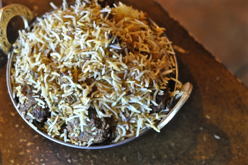 The lamb biryani dish is seen at Zafran Pot, a new Indian restaurant in Culver City.