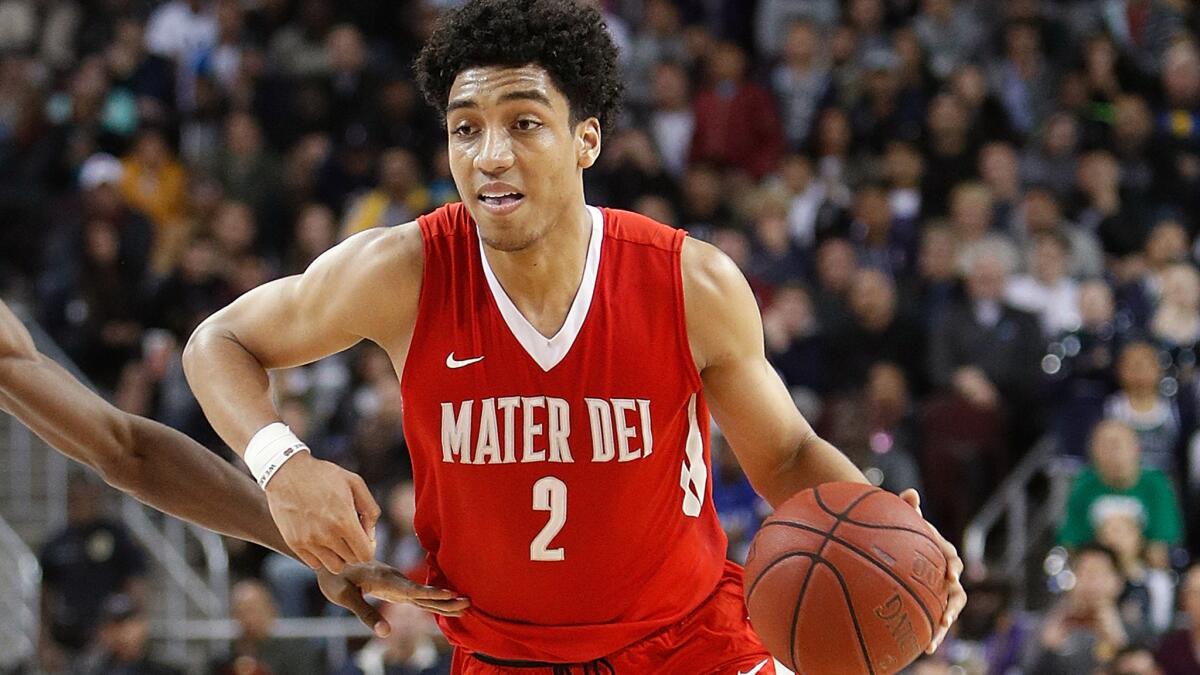 Justice Sueing and Mater Dei will play Bishop Montgomery for the Southern Section boys' basketball championship on Saturday night.