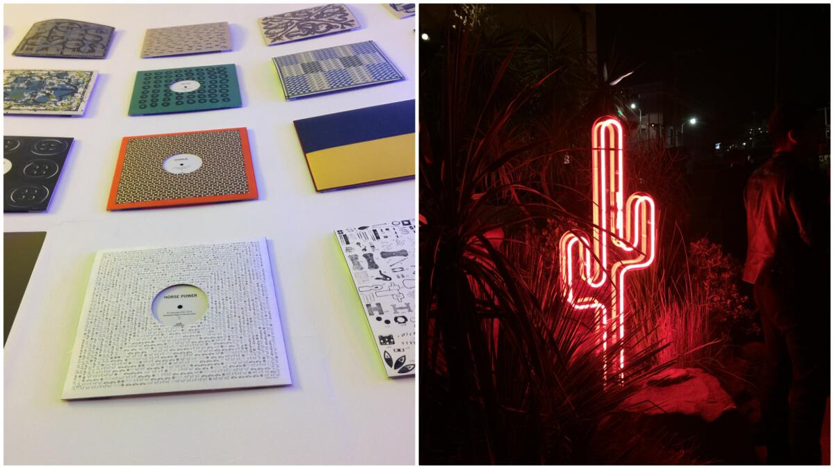 At left, album sleeves showcase scarf prints in the "Shake Me Up!" room. At right, a neon cactus accessorizes the party space at Hermès' Dwntwn Men event.