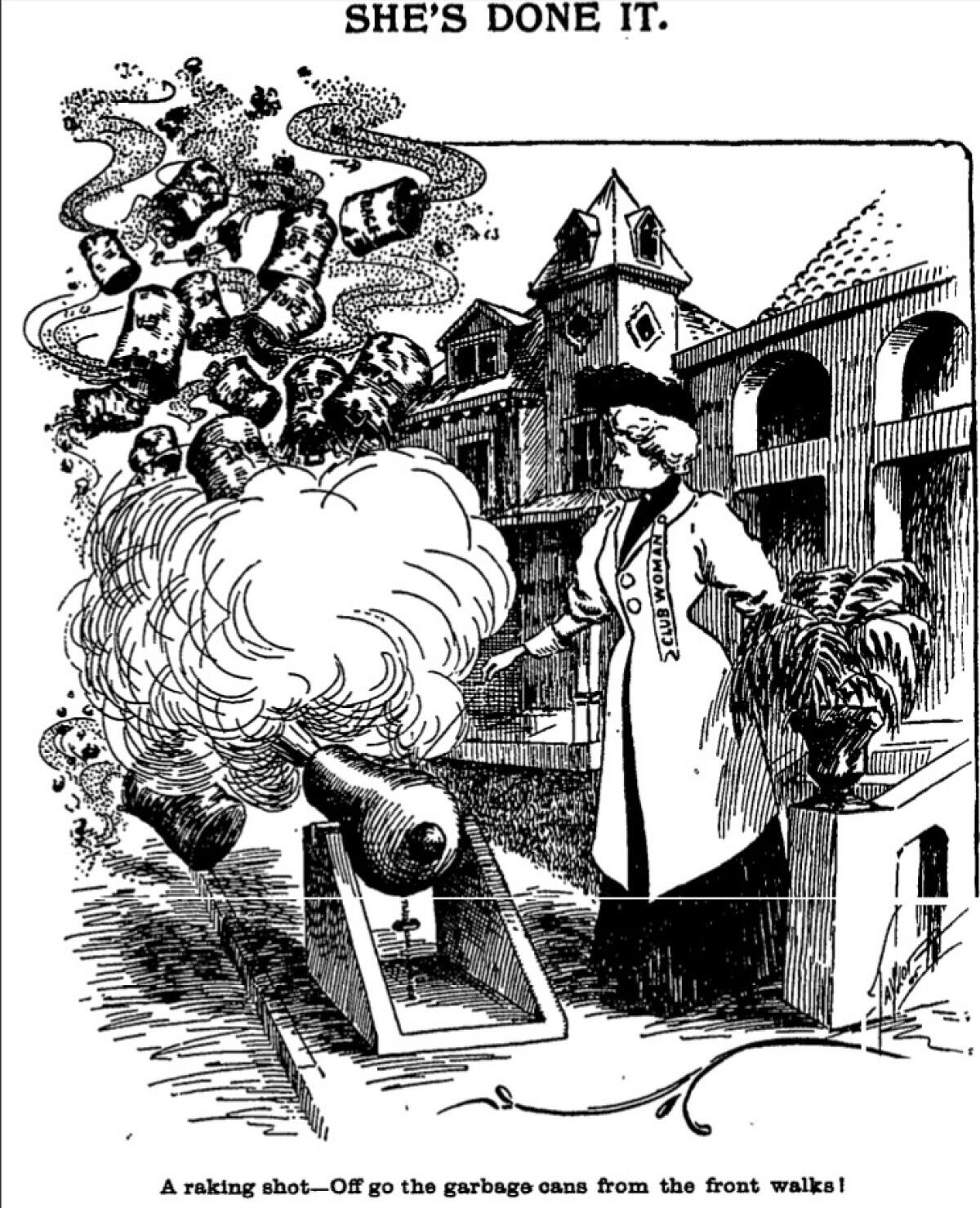 Cartoon shows a woman with a cannon, shooting garbage cans off a residential sidewalk.
