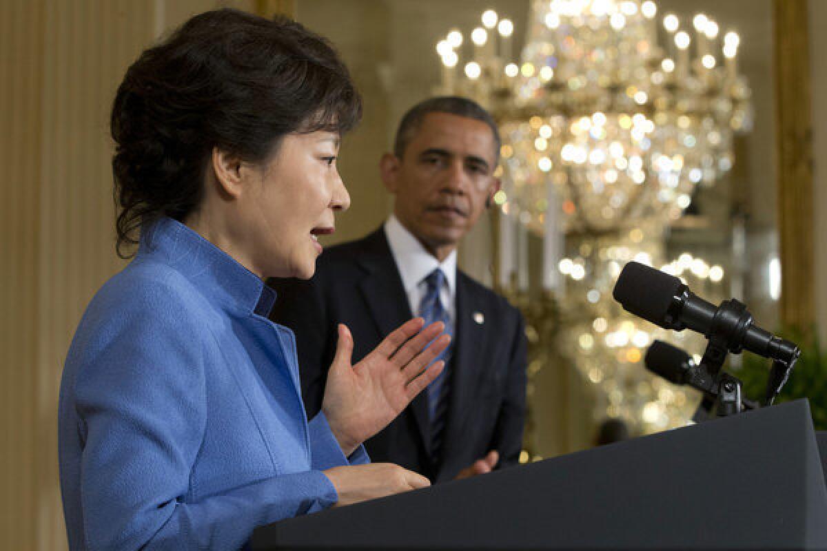 South Korea President Park Geun-hye speaks during a news conference with President Obama in the White House on Tuesday.
