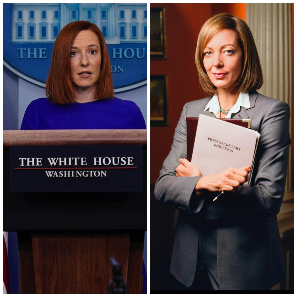 A diptych of White House Press Secretary Jen Psaki and Allison Janney as Claudia Jean 'C.J.' Cregg in the "West Wing." 