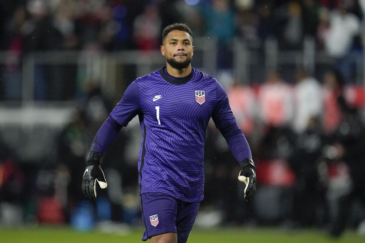 FILE - United States' Zack Steffen reacts at the end of a FIFA World Cup qualifying soccer match between Mexico and the United States, Friday, Nov. 12, 2021, in Cincinnati. Steffen missed his fourth straight game for Middlesbrough, raising doubt whether he will be available for the United States' last two warmup matches ahead of the World Cup. (AP Photo/Julio Cortez, File)