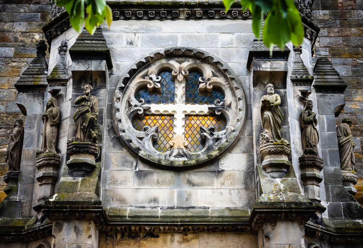 Rosslyn Chapel, which dates to the 15th century, is in the village of Roslin outside Edinburgh, Scotland.