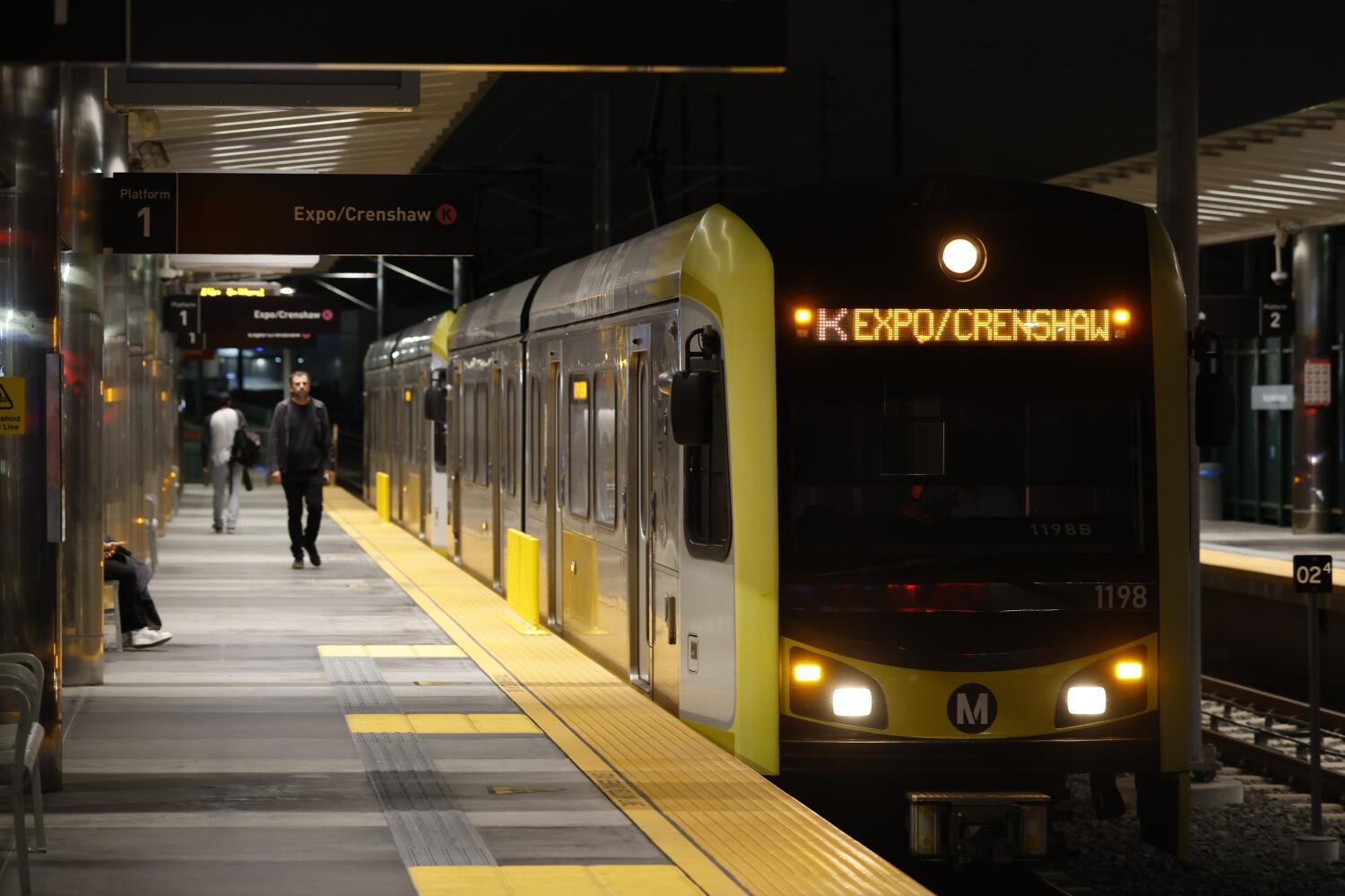 Los Angeles, CA - October 02: A train arrives at the Westchester/Veterans Metro K Line station on Thursday, Oct. 2, 2025 in Los Angeles, CA. (Carlin Stiehl / Los Angeles Times)