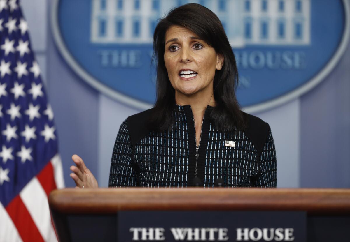 Nikki Haley speaks during a news briefing at the White House