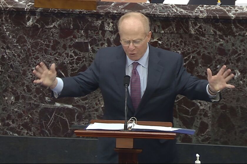 In this image from video, David Schoen, an attorney for former President Donald Trump, speaks during the second impeachment trial of Trump in the Senate at the U.S. Capitol in Washington, Tuesday, Feb. 9, 2021. (Senate Television via AP)