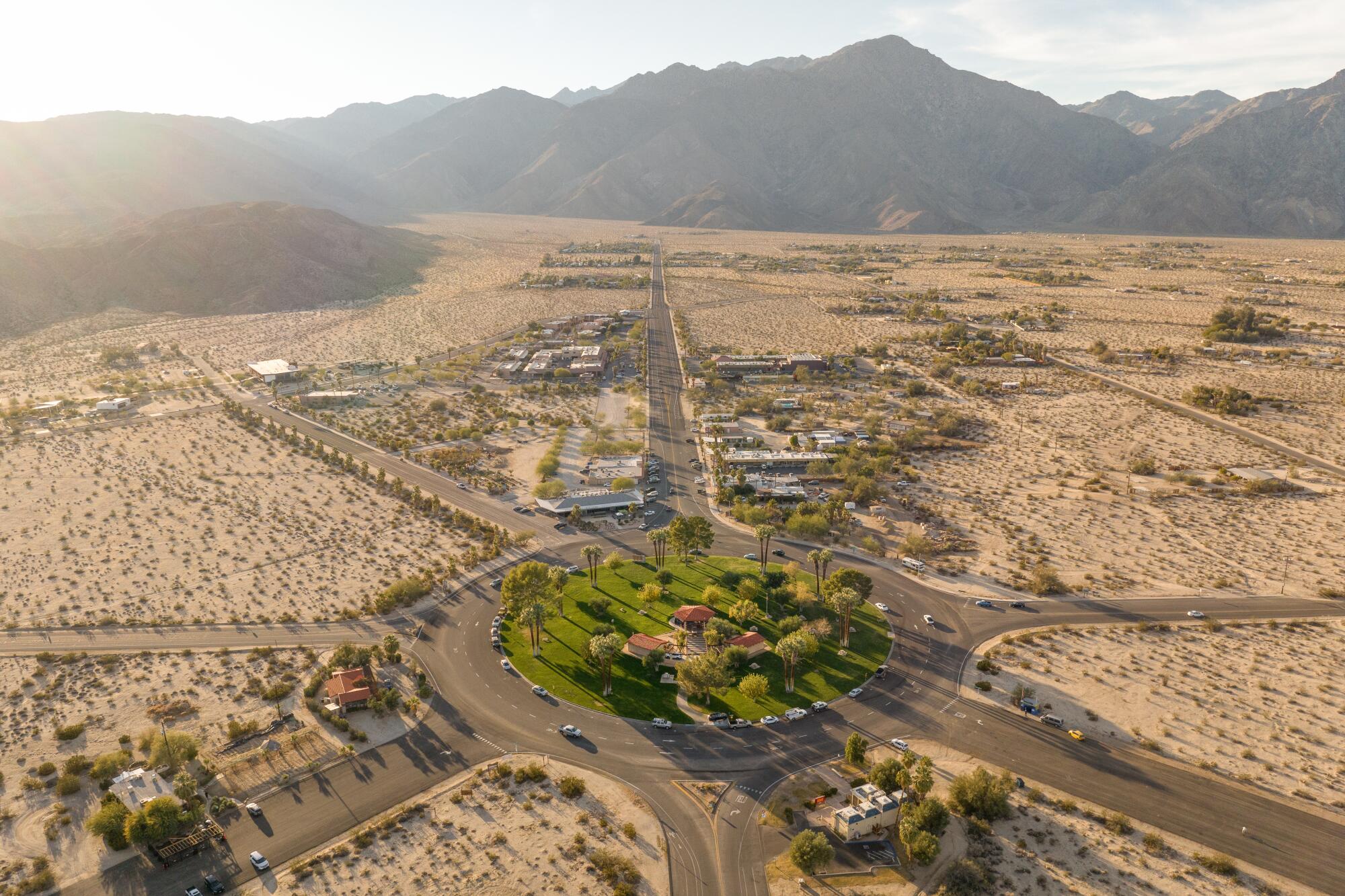 The Christmas Circle Community Park in Borrego Springs, seen from above.