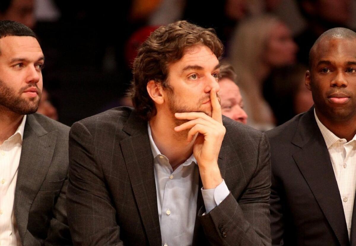 Lakers forward Pau Gasol watches his team play the Chicago Bulls on Sunday.