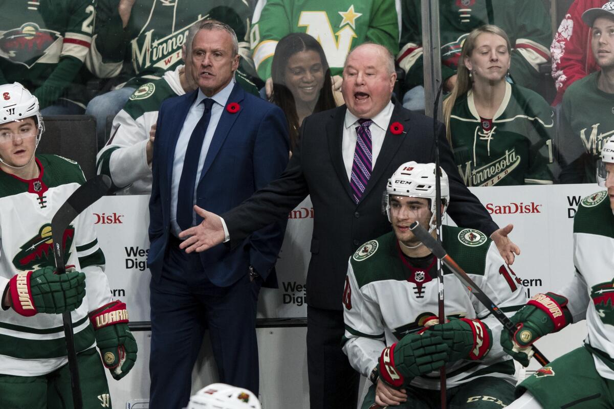 Minnesota Wild coach Bruce Boudreau, right, reacts during the third period of a game against the San Jose Sharks on Nov. 7.
