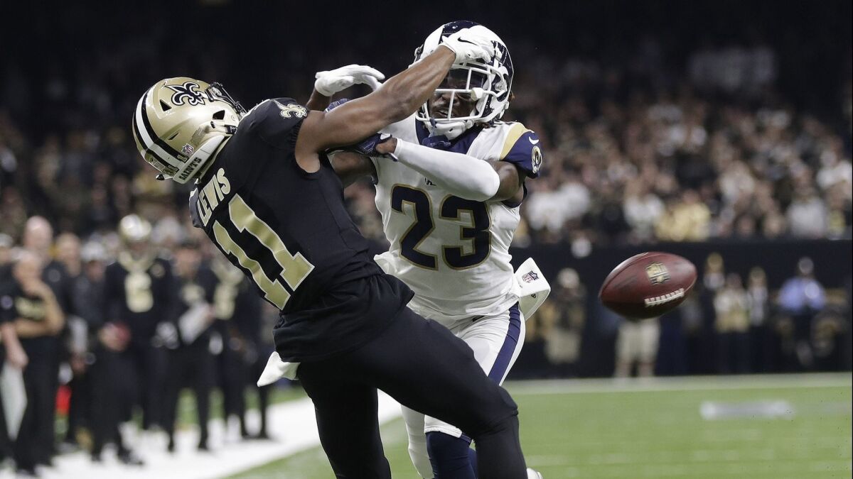 Nickell Robey-Coleman of the Rams breaks up a pass intended for Saints receiver Tommylee Lewis during the NFC championship game,