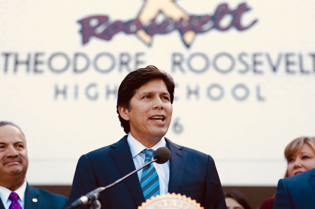 Kevin de León at a 2017 rally. He helped organize a massive demonstration against Proposition 187 in 1994; as president pro tem of the California state Senate 21 years later, De León helped pass a symbolic resolution against it.