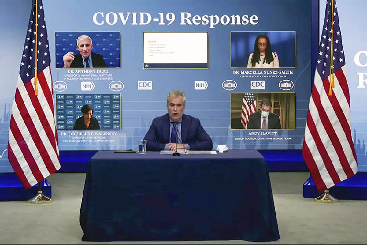 Jeff Zients, the White House coronavirus coordinator, leads a virtual health briefing on Jan. 27, 2021