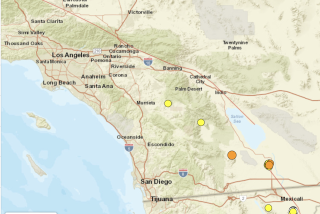 Earthquakes above magnitude 2.5 in the last week in Southern California. Earthquakes marked in orange occurred between over the 24-hour period ending Monday at 9 a.m., those in yellow occurred prior to that.