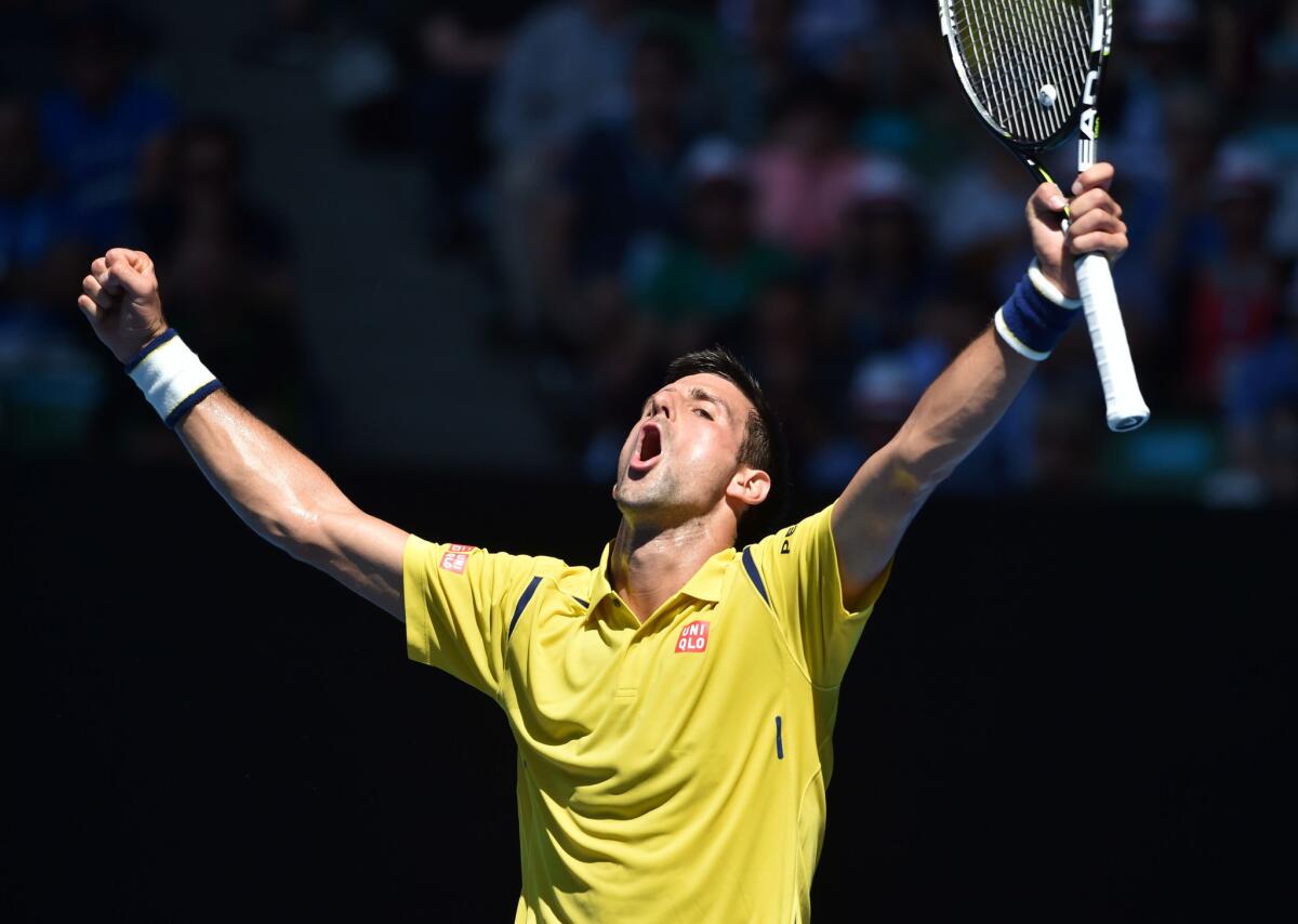 Novak Djokovic of Serbia reacts during his five-set victory over Gilles Simon of France, 6-3, 6-7 (1), 6-4, 4-6, 6-3, at the Australian Open on Jan. 24.