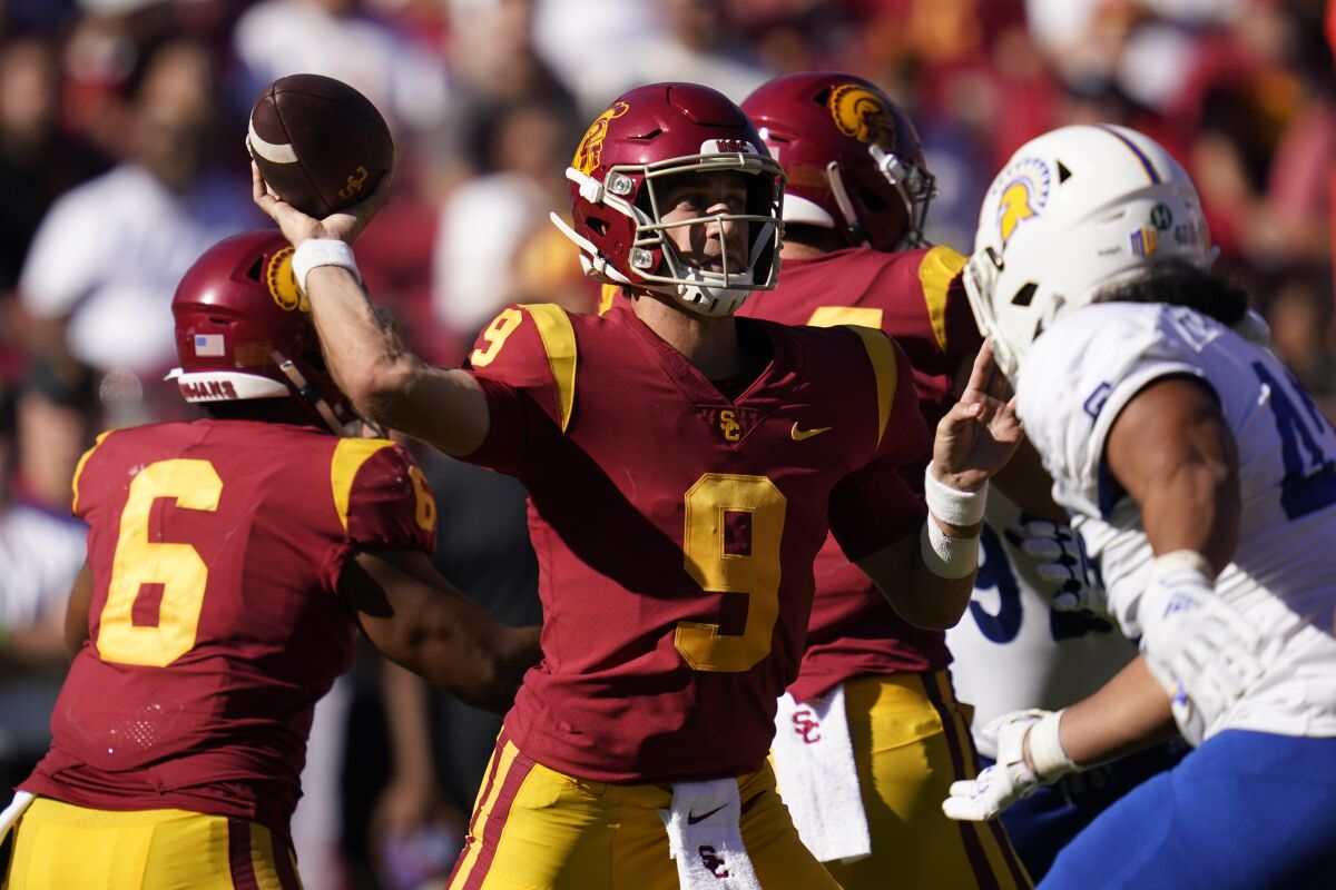 USC quarterback Kedon Slovis throws a pass during the second against San Jose State.