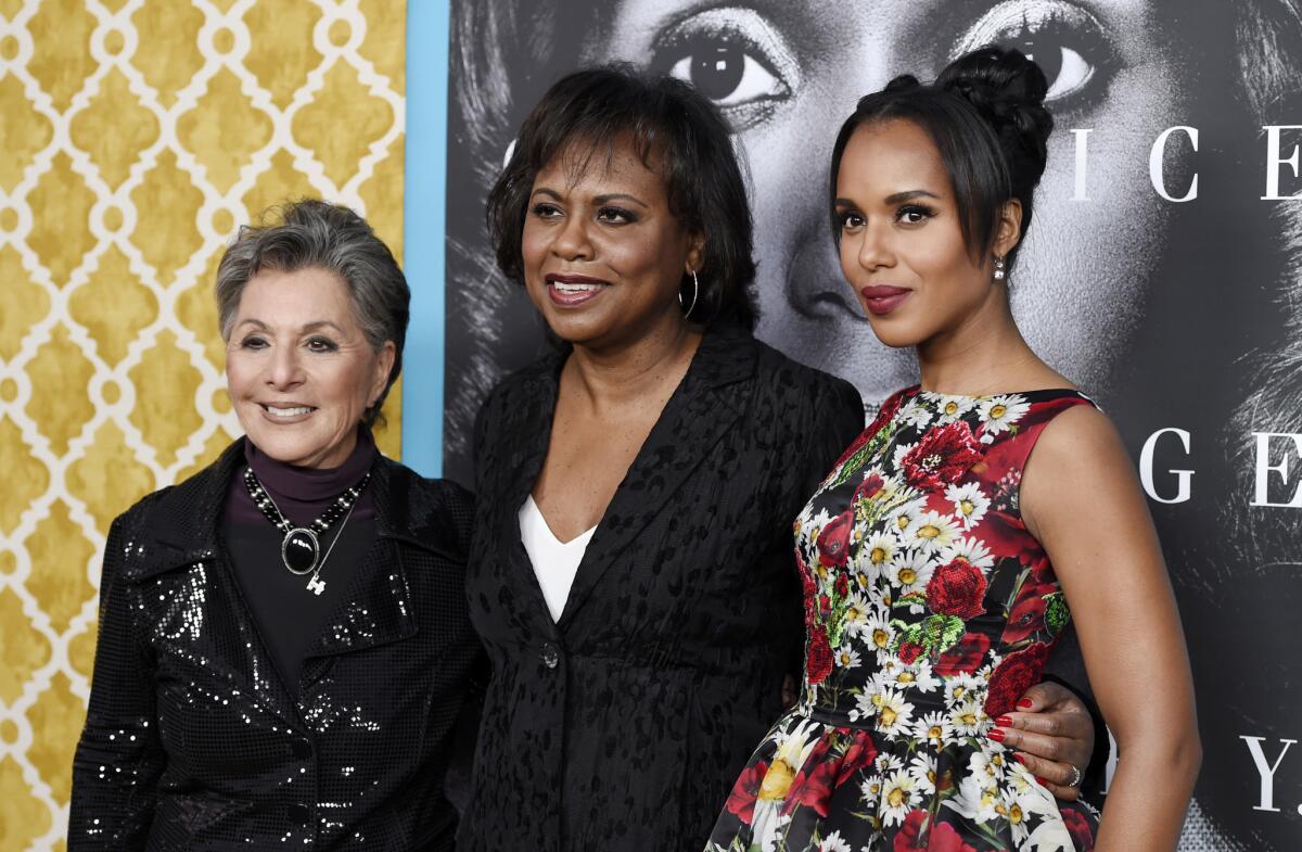 Anita Hill, center, subject of the HBO film "Confirmation," poses with Sen. Barbara Boxer of California, left, and actress Kerry Washington at the March 31 premiere of the film at Paramount Studios.
