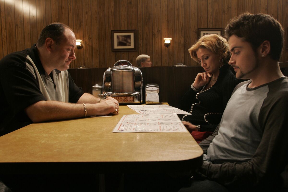 James Gandolfini (Tony Soprano), Edie Falco (Carmela) and Robert Iler (Anthony Jr.) are seen in the show's finale.