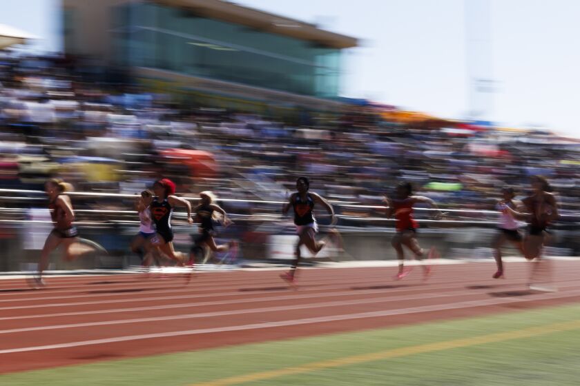 MOORPARK, CA - MAY 13: Girls 100 Meter Dash D4 at Moorpark high school on Saturday, May 13, 2023.