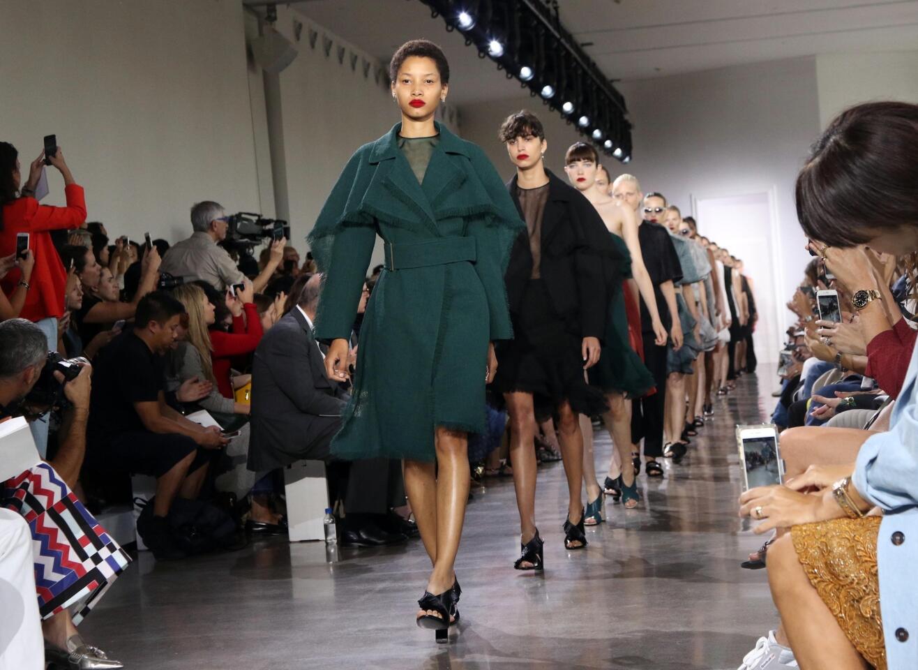 Models present designs by Jason Wu during New York Fashion Week on Friday.