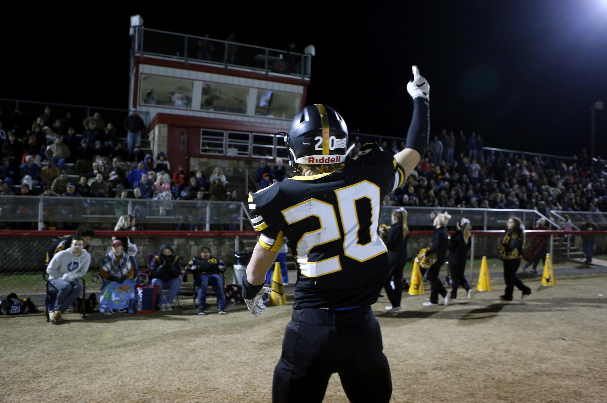 Jonesboro's Kaleb Sanders works up the crowd during the semifinal game against Blum.