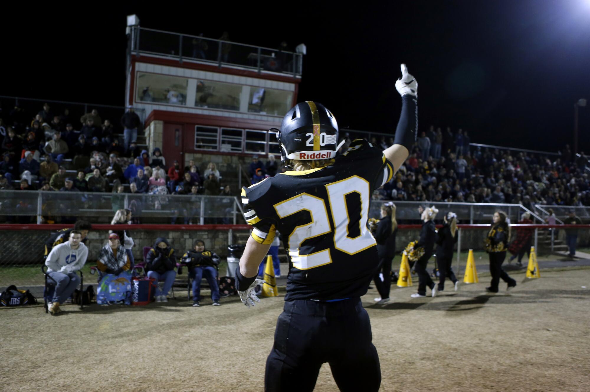 Jonesboro's Kaleb Sanders works up the crowd  during the semifinal game against Blum.