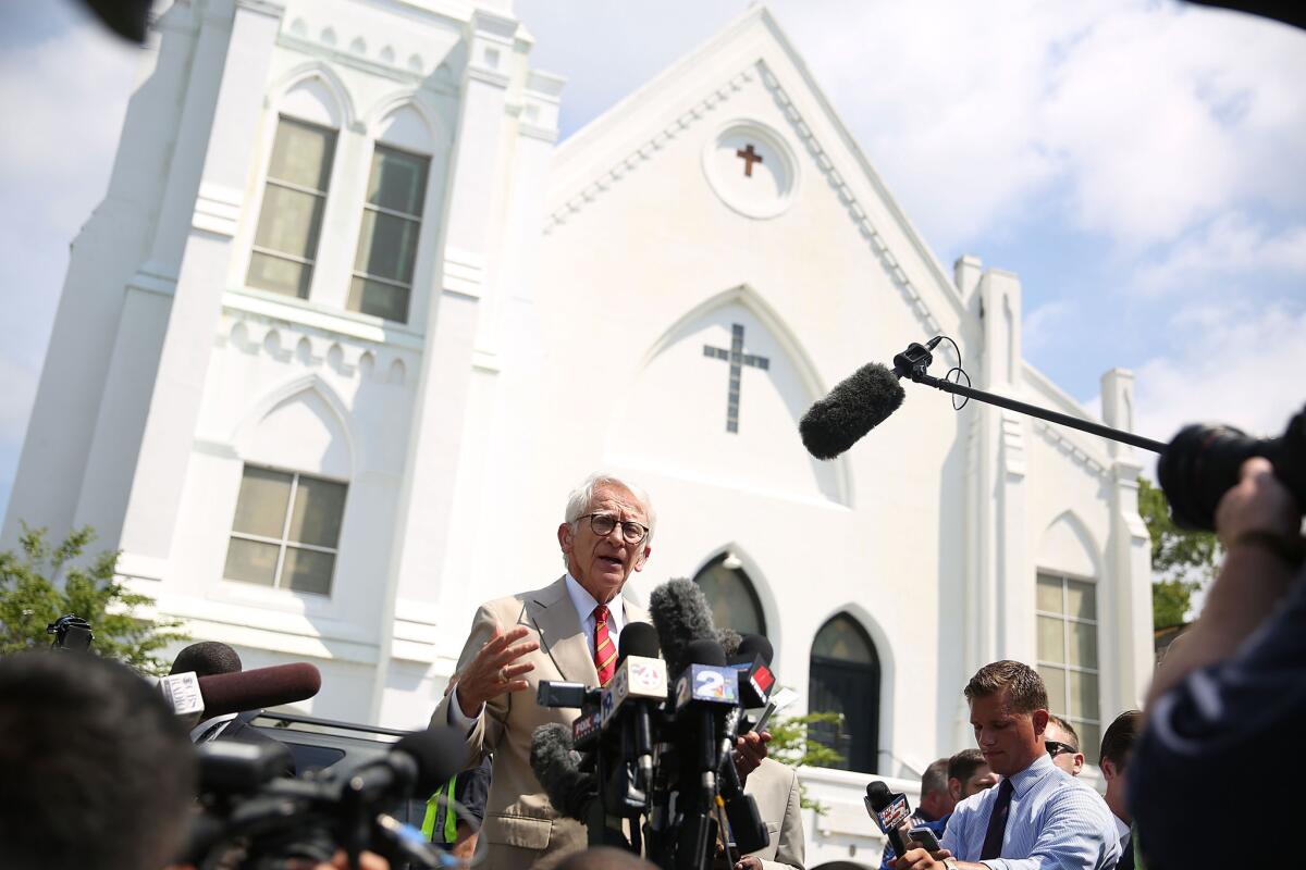 Charleston, S.C., Mayor Joseph Riley speaks to the media in front of Emanuel African Methodist Episcopal Church days after the deadly shooting there.