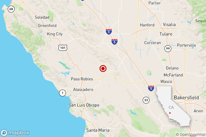A magnitude 4.3 earthquake was reported at 10:29 a.m. Tuesday near Paso Robles, Calif., according to the USGS.
