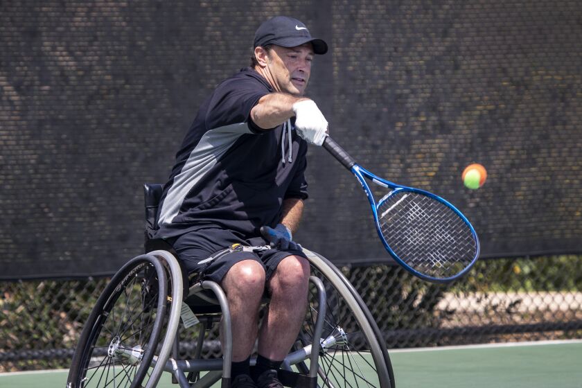 Irvine, CA - April 24: Wheelchair tennis Paralympian David Wagner puts on an exhibition/demonstration.