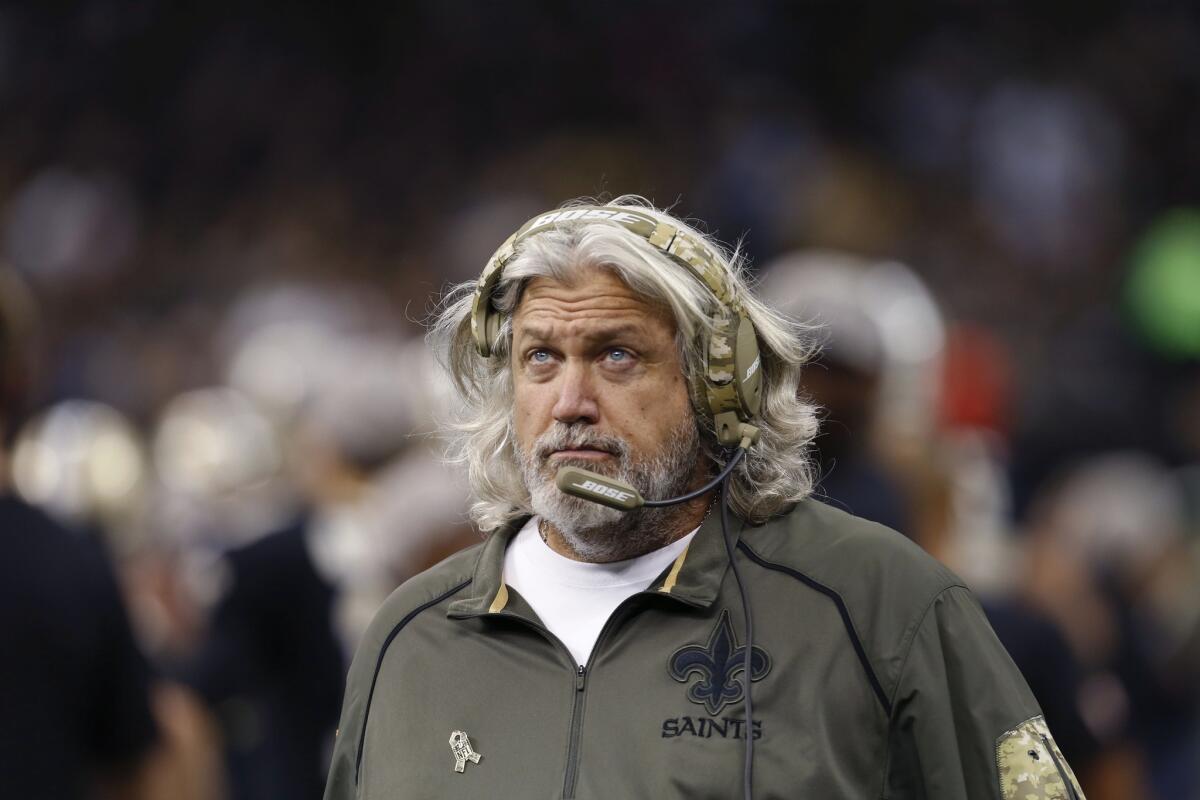 New Orleans Saints defensive coordinator Rob Ryan walks on the sideline during a game against Tennessee on Nov. 8.