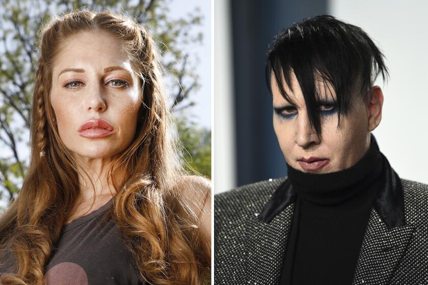Side-by-side portraits of Ashley Morgan Smithline, left, and Marilyn Manson