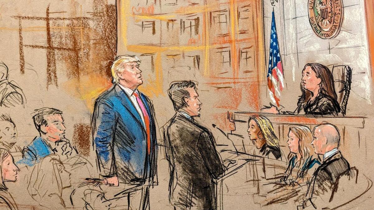 A sketch of former President Trump standing before a judge in a courtroom