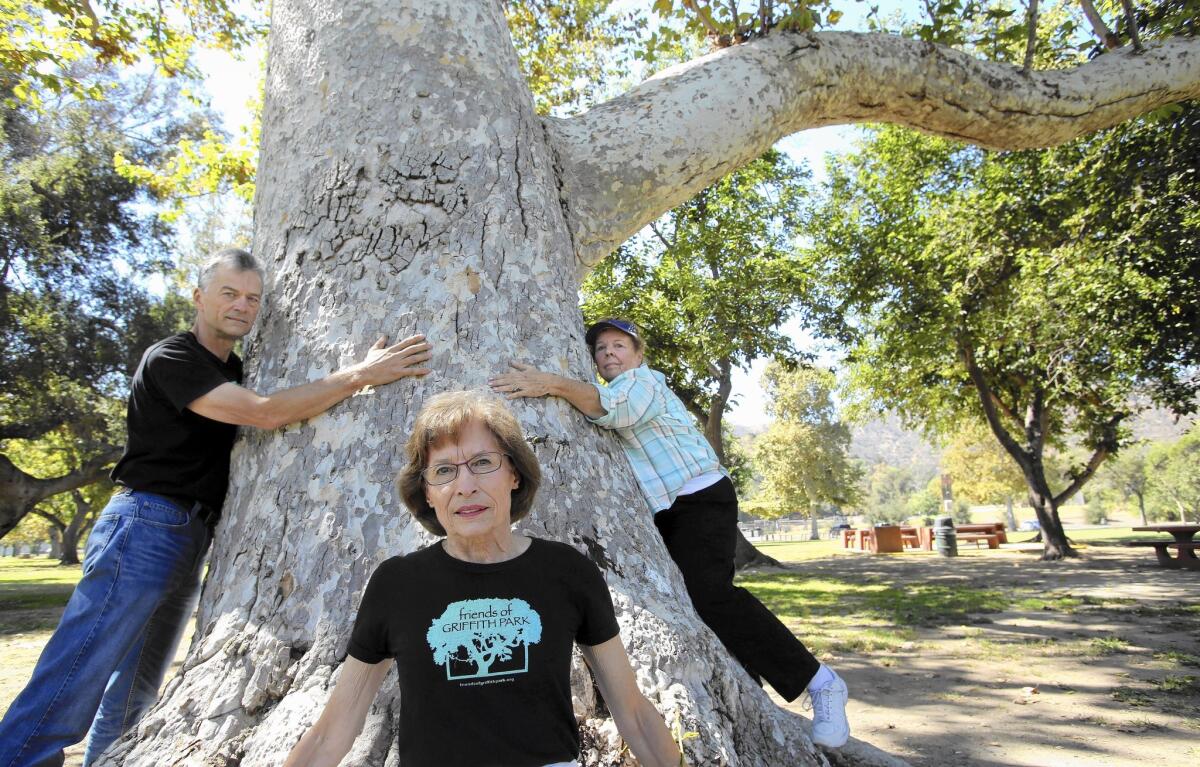Gerry Hans, left, president of Friends of Griffith Park, Marian Dodge, the group's vice president, and Clare Darden, board member of the Griffith J. Griffith charitable trust, are opposed to plans to transform a portion of the park's picnic grounds into two baseball fields.