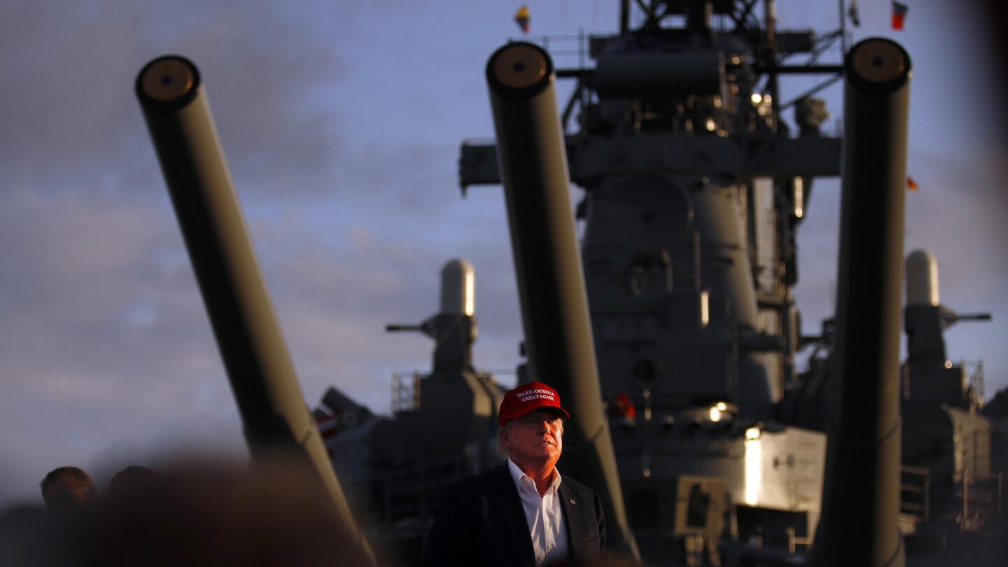Donald Trump delivers a campaign speech aboard the battleship Iowa in Los Angeles Harbor.