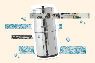 Photo collage of a marge water filter system with splashes of water, rectangles of water and cropped rectangles of $100 bills