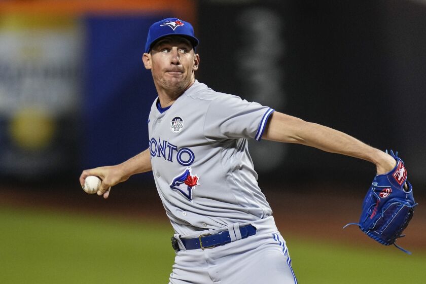 Toronto Blue Jays' Chris Bassitt pitches during the first inning of the team's baseball game against the New York Mets on Friday, June 2, 2023, in New York. (AP Photo/Frank Franklin II)